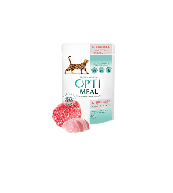 Optimeal Sterilised Adult Cat Wet Food – Beef and Turkey Fillet in Sauce 85g x 12 Pcs