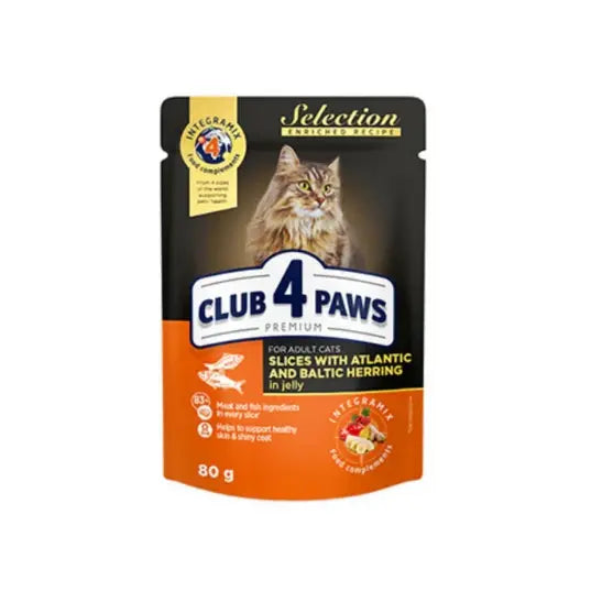 CLUB 4 PAWS PREMIUM PLUS "Slices atlantic herring baltic herrin in jelly". PET FOOD FOR ADULT CATS 85g*24