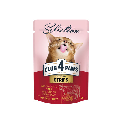 CLUB 4 PAWS PREMIUM " STRIPS WITH BEEF IN BROCCOLI CREAM SOUP". PET FOOD FOR ADULT CATS 85g*24