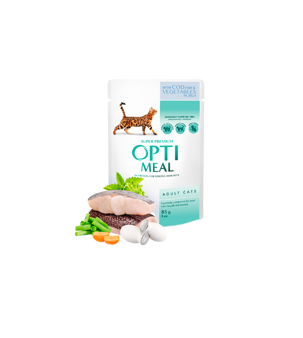 Optimeal Complete Pet Food for Adult Cats with Cod Fish and Veggies in Jelly 85g x 12 Pcs