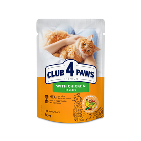 CLUB 4 PAWS PREMIUM "WITH CHICKEN IN GRAVY". PET FOOD FOR ADULT CATS 85g*24