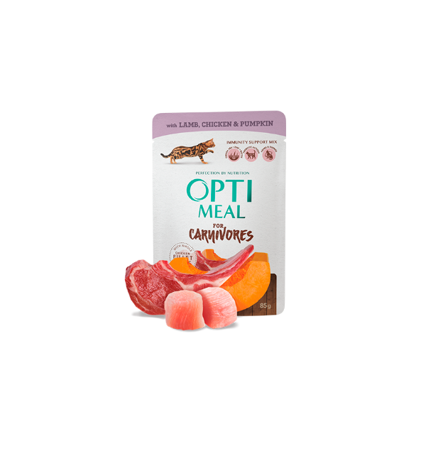 Optimeal Grain Free Complete Pet Food for Adult Cats with Lamb and Chicken Fillet in Pumpkin Jelly 85g x 12 Pcs