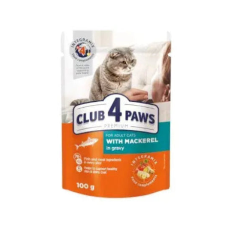 CLUB 4 PAWS Premium "With mackerel in gravy". pet food for adult cats 85*24