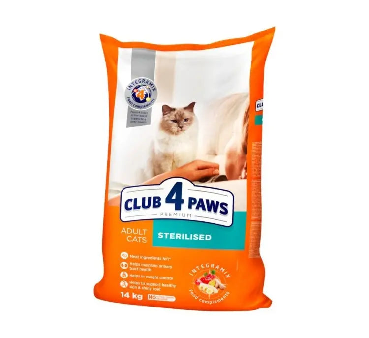 CLUB 4 PAWS PREMIUM «WITH SALMON». СOMPLETE DRY PET FOOD FOR ADULT STERILISED CATS