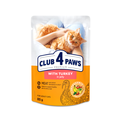 CLUB 4 PAWS PREMIUM "WITH TURKEY IN JELLY". PET FOOD FOR ADULT CATS 85g*24