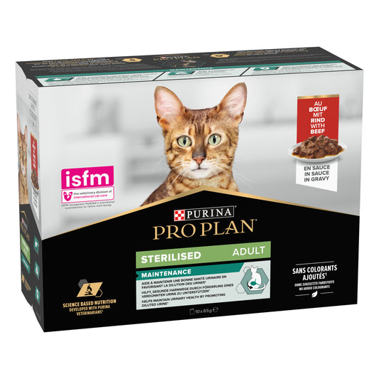 Pro Plan Sterilised Wet Cat Food, Beef in Gravy, Multipack 10x 85g