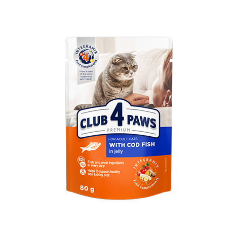 CLUB 4 PAWS PREMIUM " WITH COD FISH IN JELLY ".  PET FOOD FOR ADULT CATS 80g*24