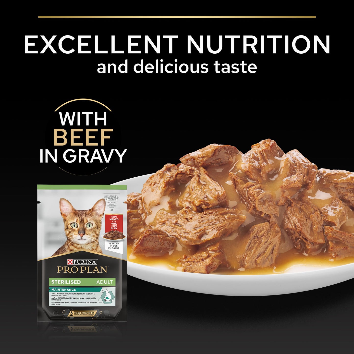 Pro Plan Sterilised Wet Cat Food, Beef in Gravy, Multipack 10x 85g