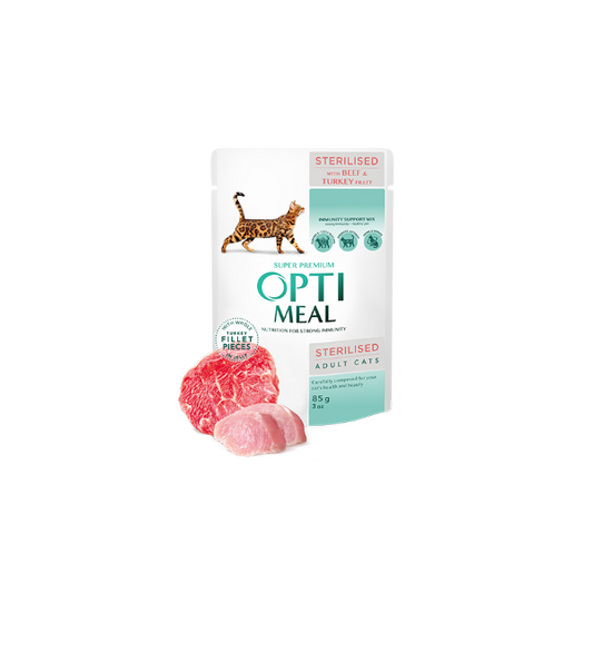 Optimeal Sterilised Adult Cat Wet Food – Beef and Turkey Fillet in Sauce 85g x 12 Pcs