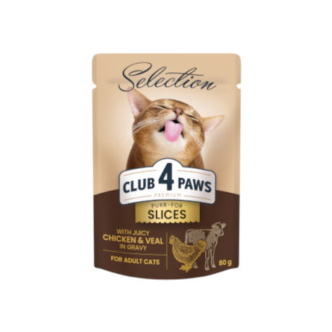 CLUB 4 PAWS PREMIUM PLUS "SLICES WITH CHICKEN AND VEAL IN GRAVY".   PET FOOD FOR ADULT CATS 85G*24