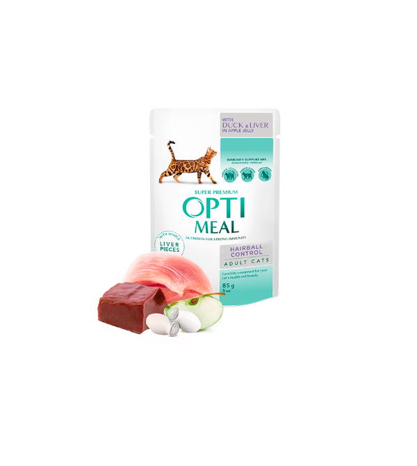 Optimeal Complete Pet Food for Adult Cats Hairball Control, with Duck and Slices of Liver in Apple Jelly 85g x 12 Pcs