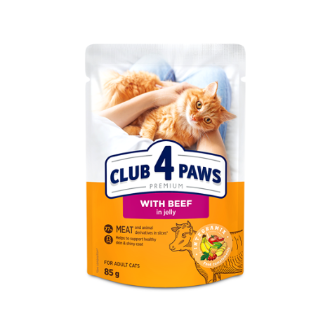 CLUB 4 PAWS PREMIUM "WITH BEEF IN JELLY".  PET FOOD FOR ADULT CATS 85g*24
