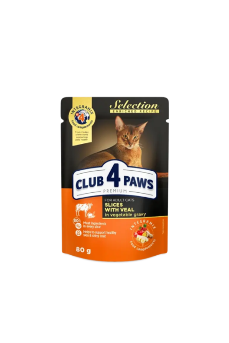 CLUB 4 PAWS PREMIUM PLUS "Slices veal in vegetable jelly". СOMPLETE CANNED PET FOOD FOR ADULT CATS 85g*24