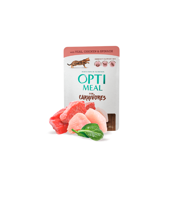 Optimeal Complete Pet Food for Adult Cats with Veal, Chicken Fillet and Spinach in Sauce 85g x 12 Pcs