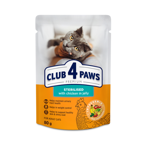 CLUB 4 PAWS Premium "Sterilised". Сomplete canned pet food for adult sterilised cats 80g*24