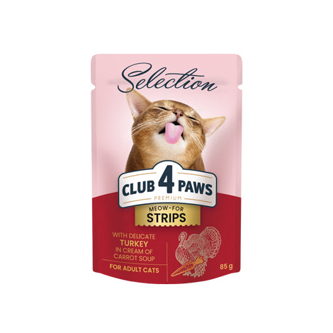 CLUB 4 PAWS PREMIUM "STRIPS WITH TURKEY IN CREAM OF CARROT SOUP".   PET FOOD FOR ADULT CATS 85g*24