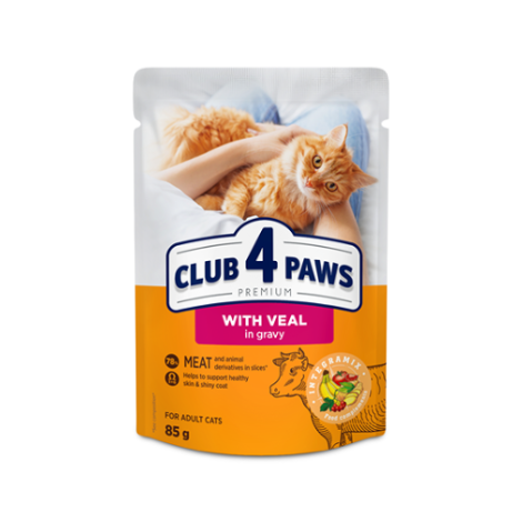 CLUB 4 PAWS Premium "With veal in gravy". Сomplete canned pet food for adult cats